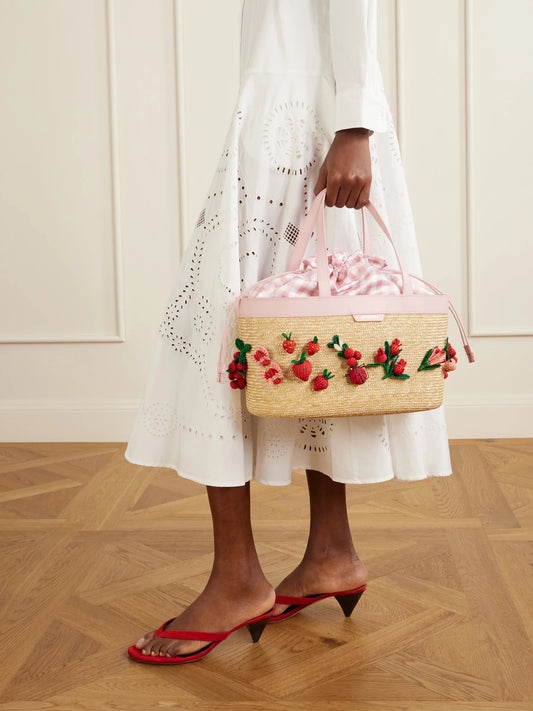 Image of Bags. Product name - Botanica Floral-embellished Leather-trimmed Raffia Tote in Pink colour by brand - Aquazzura