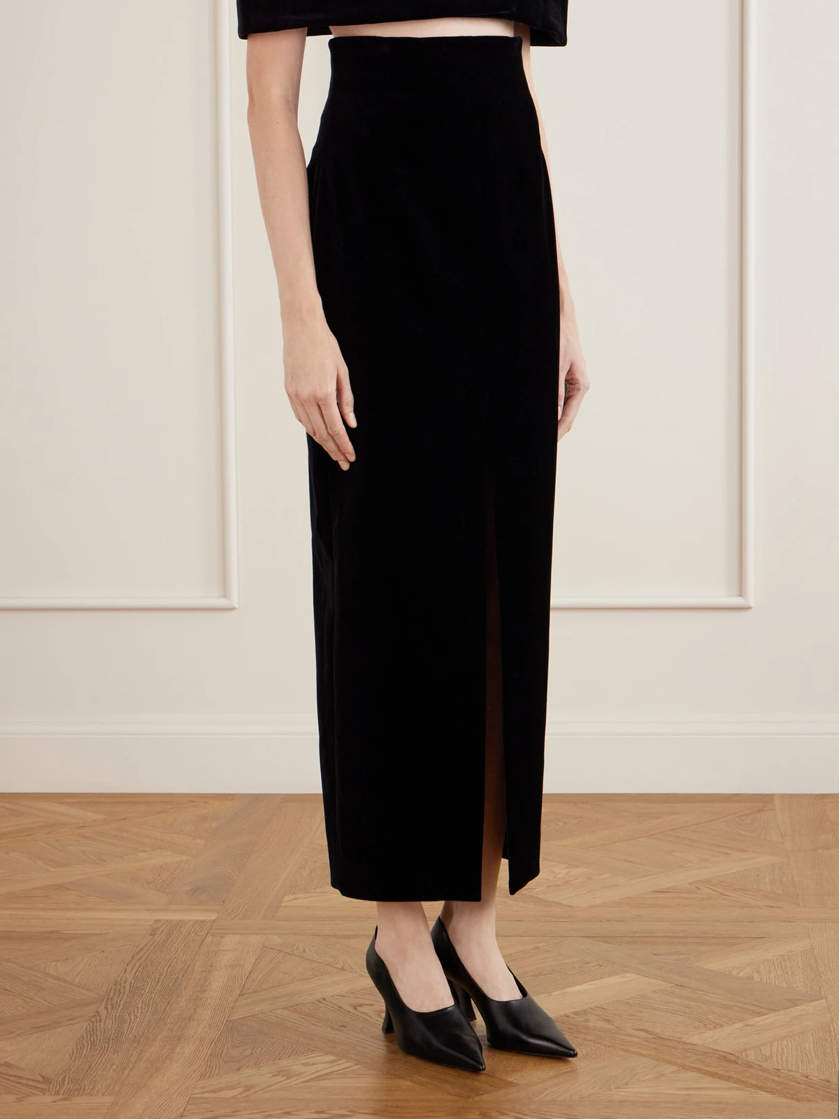 KHAITE Lachlan Velvet Cotton-blend Midi Skirt
