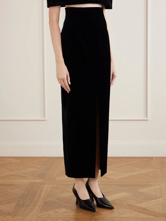KHAITE Lachlan Velvet Cotton-blend Midi Skirt