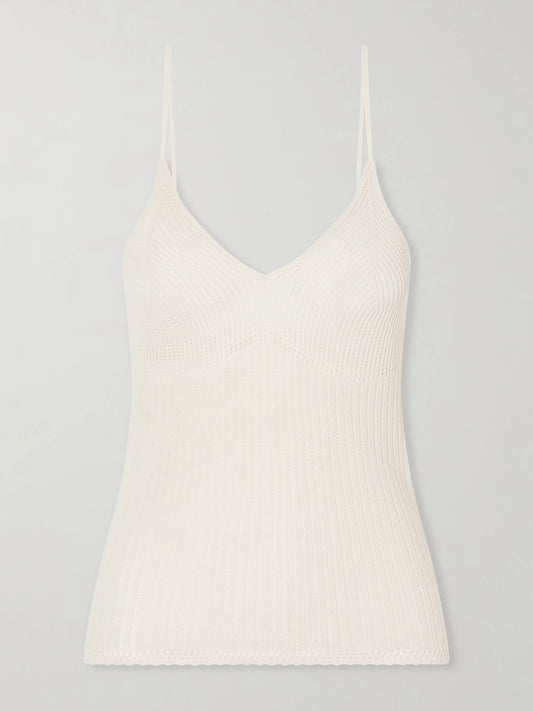 Image of a model wearing Tops. Product name - Saloma Silk And Cotton-blend Knitted Tank in Ecru colour by brand - ISABEL MARANT