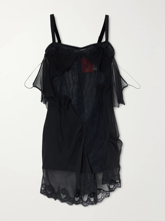 Image of Dresses. Product name - Cold Morning Lace-trimmed Sheer Tulle Mini Dress in Black colour by brand - Dilara Findikoglu