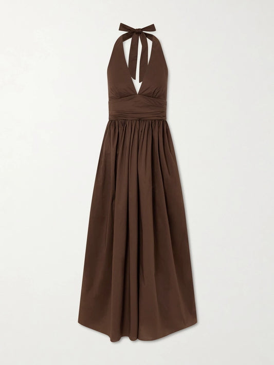 Image of Dresses. Product name - Gathered Organic Cotton-poplin Halterneck Maxi Dress in Chocolate colour by brand - Matteau