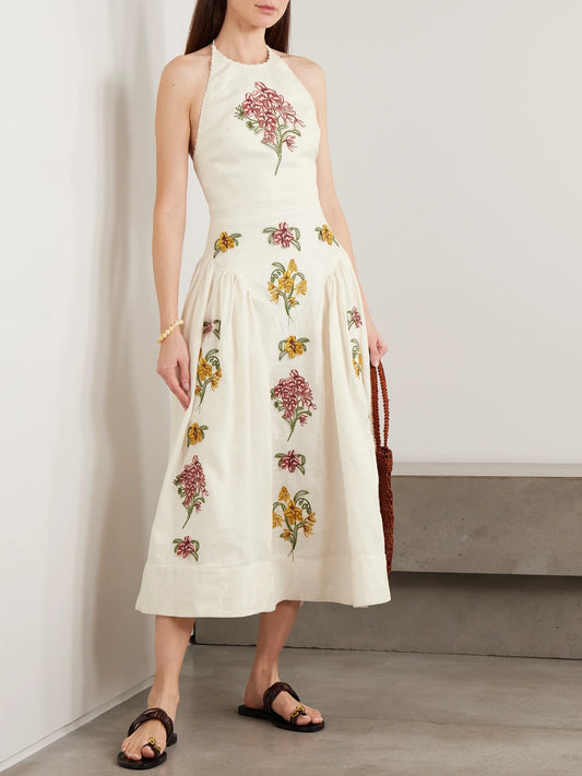Image of Dresses. Product name - Balsa Embellished Embroidered Linen Halterneck Midi Dress in Off-white colour by brand - Agua by Agua Bendita