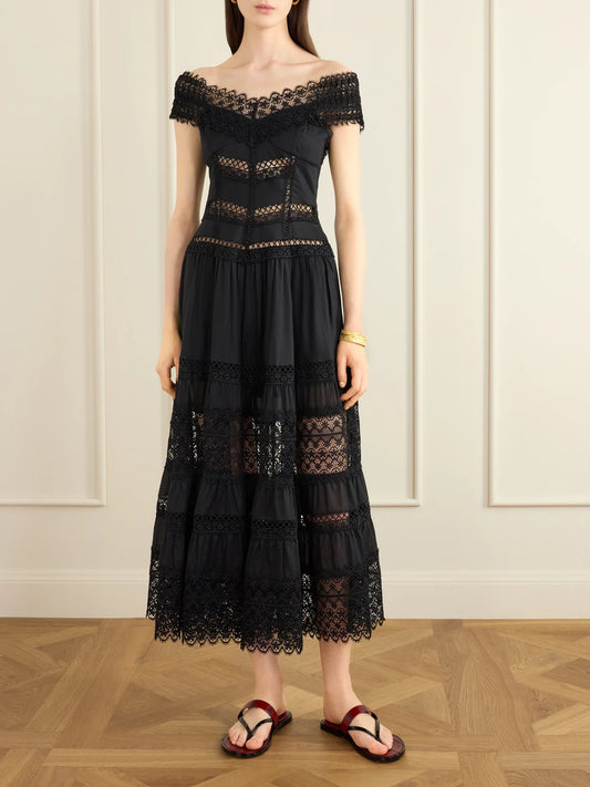 Image of Dresses. Product name - Amaira Embroidered Lace-trimmed Cotton-blend Maxi Dress in Black colour by brand - Charo Ruiz