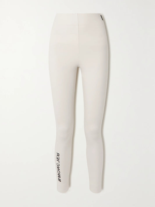 Image of a model wearing Pants. Product name - Printed Stretch-jersey Leggings in White colour by brand - Moncler Grenoble