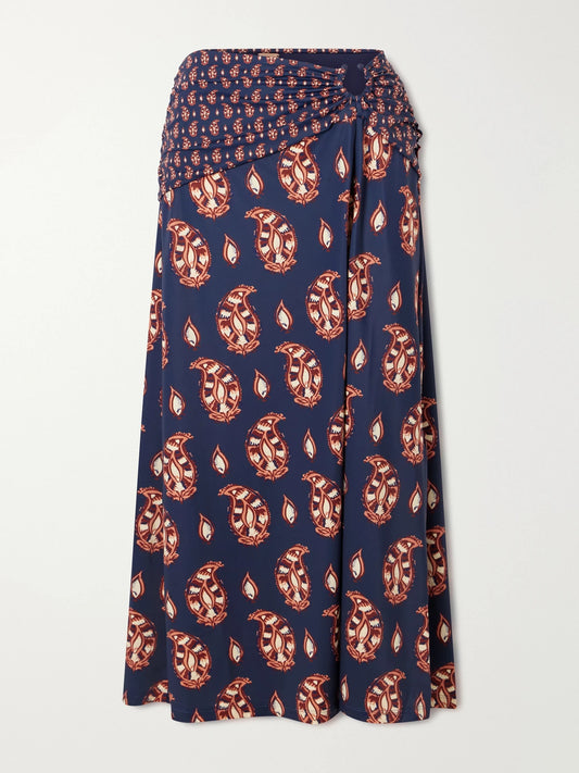 Image of Swimwear. Product name - Under The Sun Cutout Ruched Printed Stretch-jersey Skirt in Navy colour by brand - Johanna Ortiz