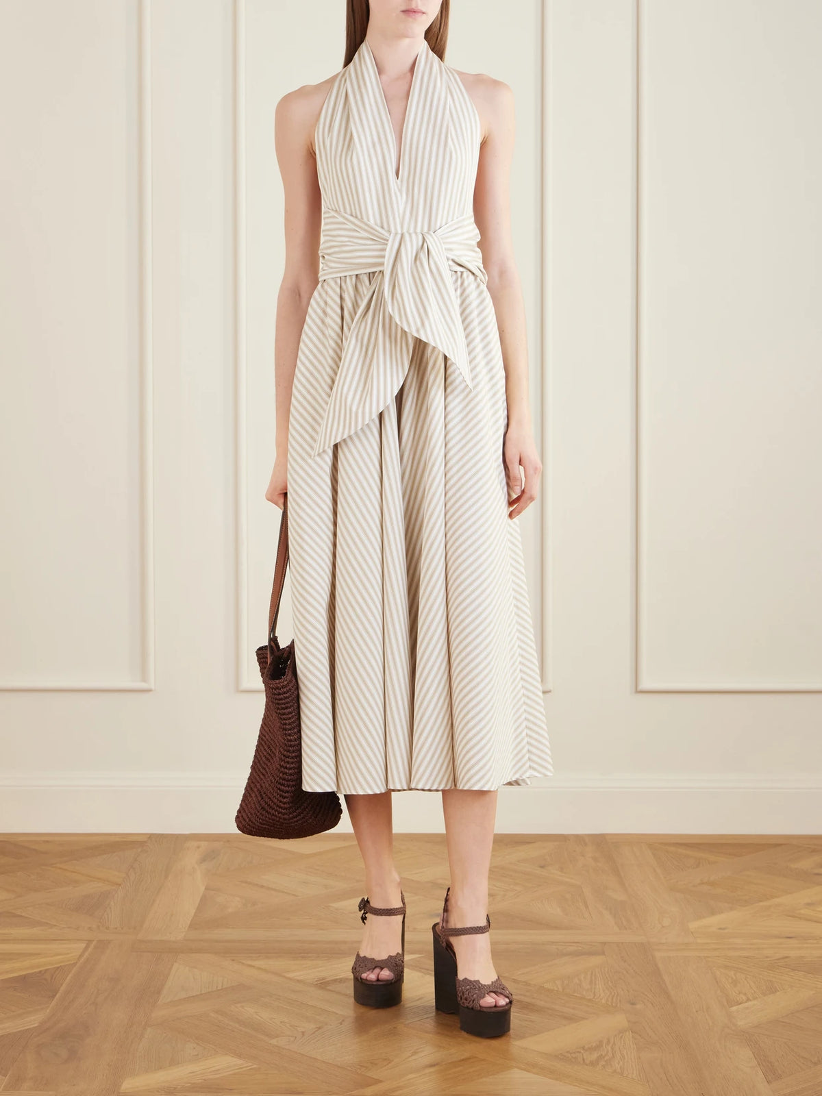 Image of Heels. Product name - Bossa Nova 130 Crocheted Raffia Platform Sandals in Chocolate colour by brand - Aquazzura