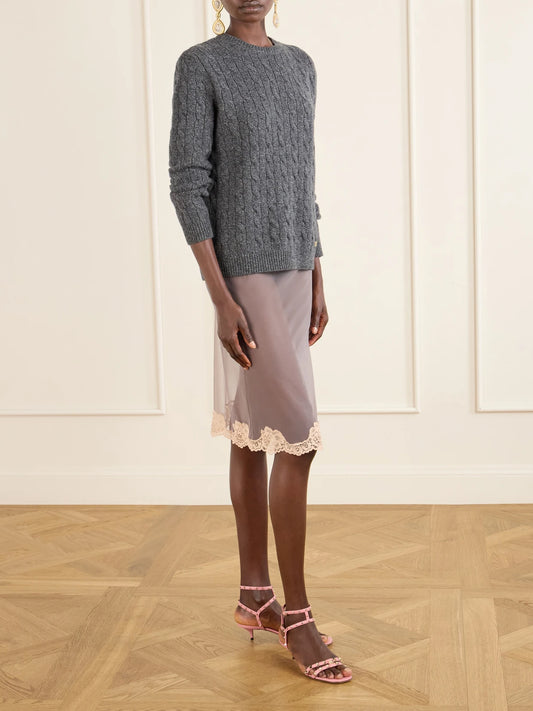 Image of a model wearing Skirts. Product name - Lace-trimmed Mesh Midi Skirt in Gray colour by brand - Valentino Garavani