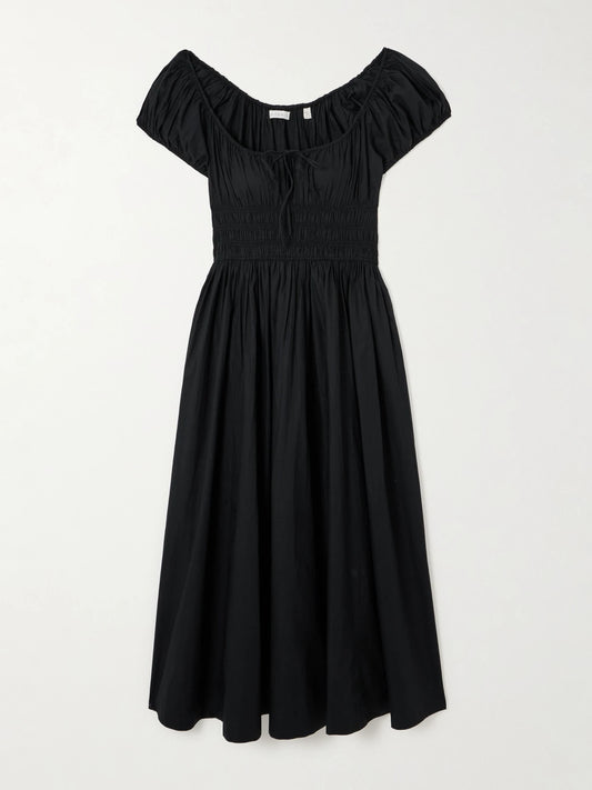 Image of Dresses. Product name - Quinn Tie-detailed Shirred Organic Cotton-poplin Midi Dress in Black colour by brand - DÔEN