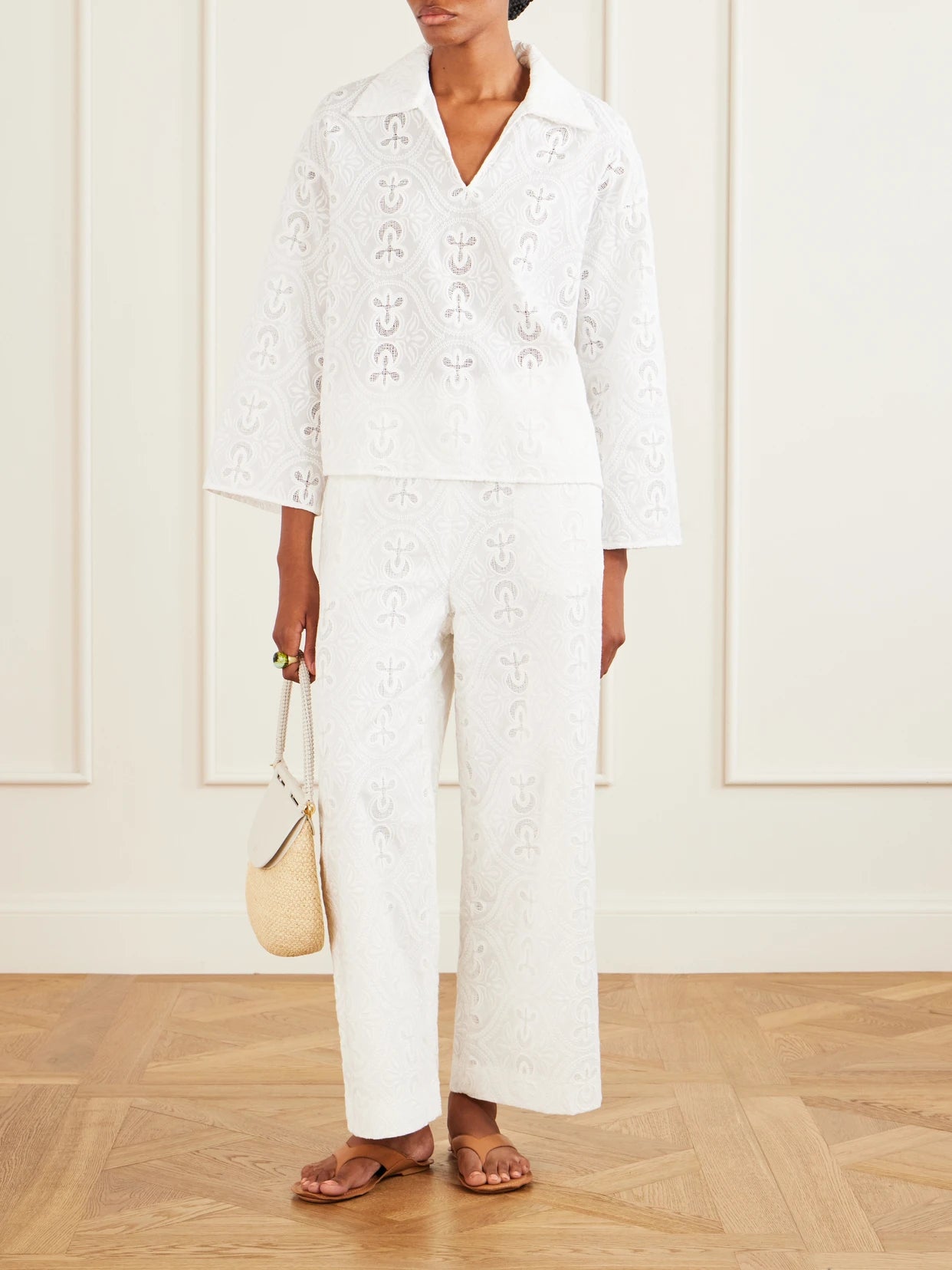 Image of Blouses. Product name - Leighton Floral-embroidered Cotton-blend Blouse in White colour by brand - TOVE