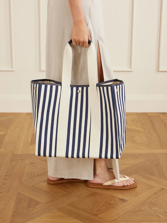Traversée Large Leather And Webbing-trimmed Striped Canvas Tote