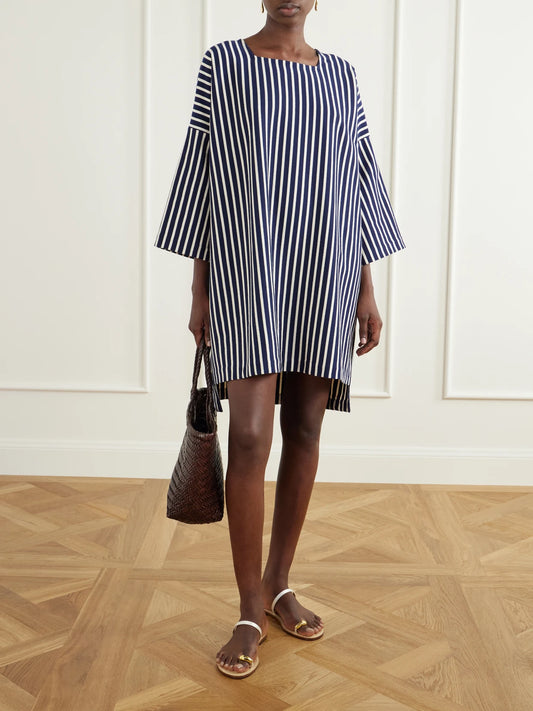 Image of Dresses. Product name - Mariniere Striped Cotton Mini Dress in Blue colour by brand - Les Vacances D'Irina