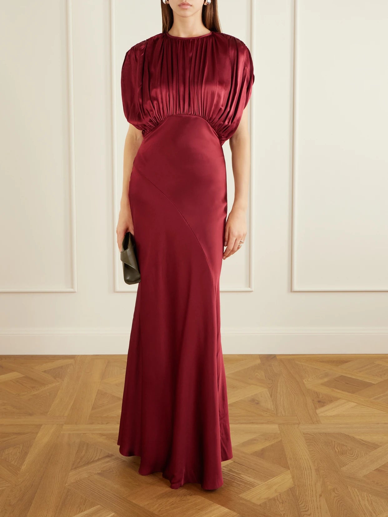 Image of Dresses. Product name - Coco Gathered Satin Maxi Dress in Multi colour by brand - TOVE