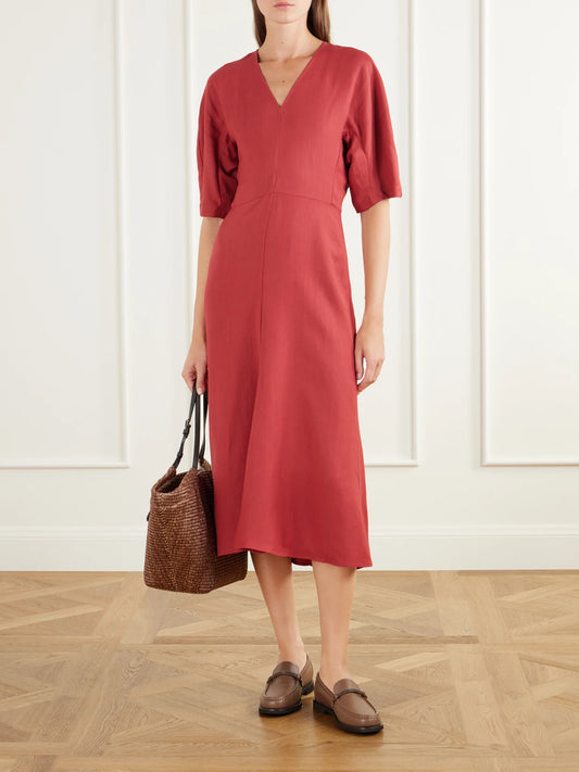 Image of Dresses. Product name - Paneled Woven Midi Dress in Red colour by brand - Brunello Cucinelli
