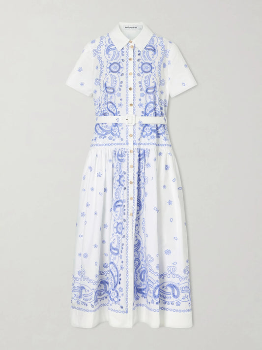 Image of Dresses. Product name - Belted Embroidered Cotton-poplin Midi Shirt Dress in White colour by brand - Self-Portrait