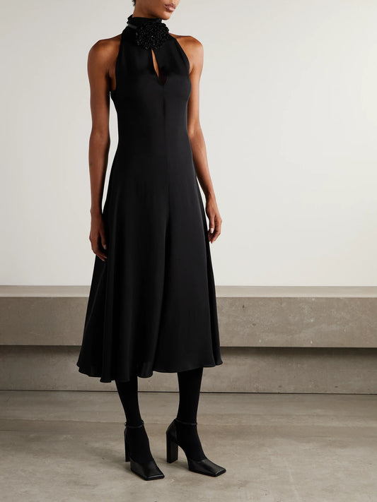Image of Dresses. Product name - Cut-out Embellished Leather-trimmed Crepe Midi Dress in Black colour by brand - Alaïa