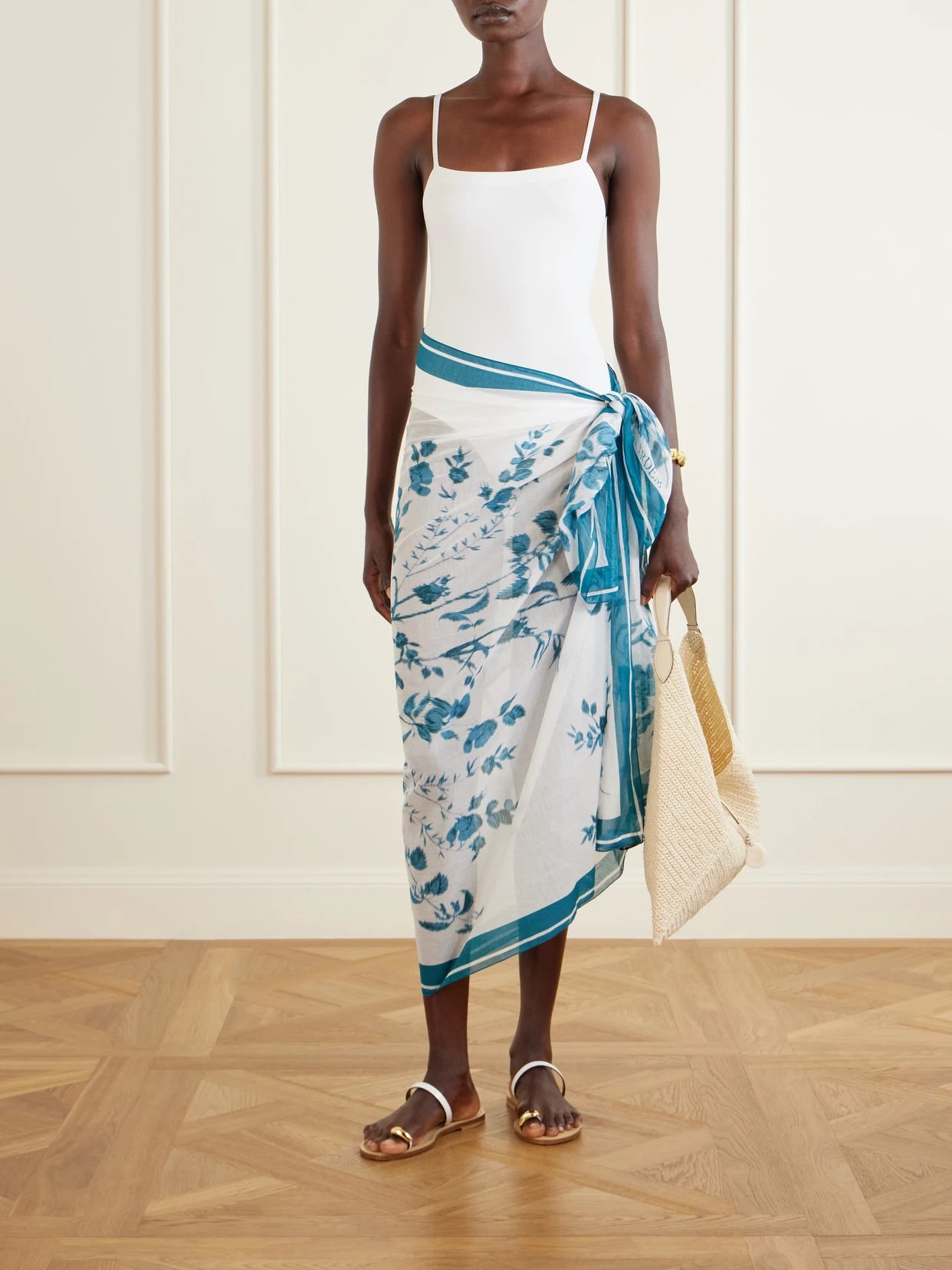 Image of Swimwear. Product name - Floral-print Cotton-voile Pareo in Blue colour by brand - Erdem