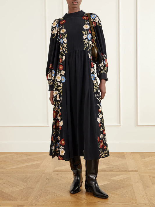 Image of Dresses. Product name - Ruwa Floral-embroidered Jacquard Midi Dress in Black colour by brand - Sea