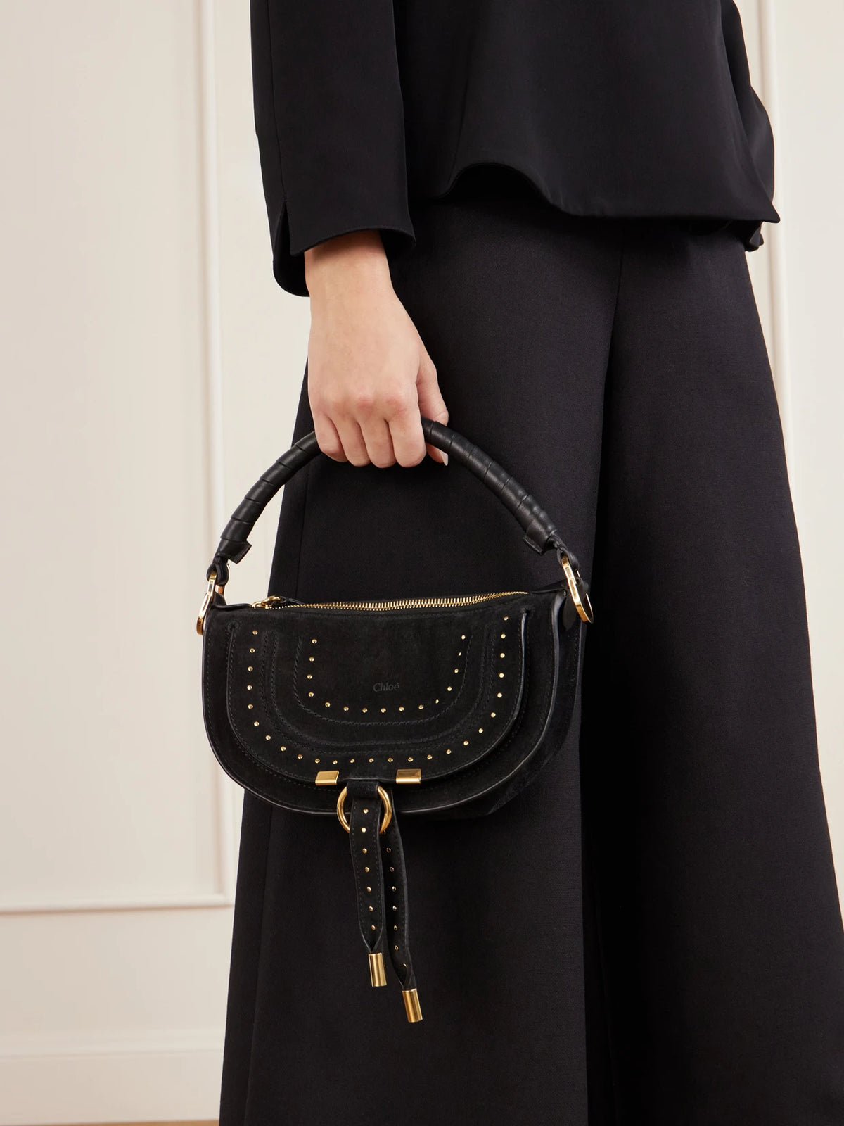 Image of Bags. Product name - Marcie Mini Studded Suede Tote in Black colour by brand - Chloé