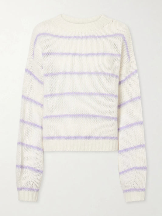Image of a model wearing Outerwear. Product name - Sabelle Striped Knitted Wool And Silk-blend Sweater in Cream colour by brand - LISA YANG