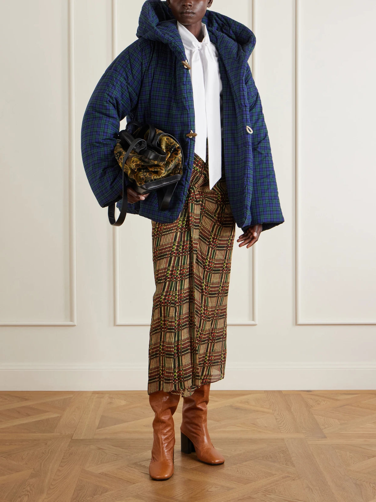 Image of Coats & Jackets. Product name - Hooded Checked Padded Cotton-flannel Jacket in Blue, Multi colour by brand - Dries Van Noten