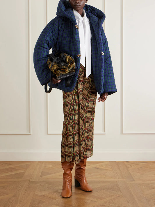 Image of Coats & Jackets. Product name - Hooded Checked Padded Cotton-flannel Jacket in Blue, Multi colour by brand - Dries Van Noten