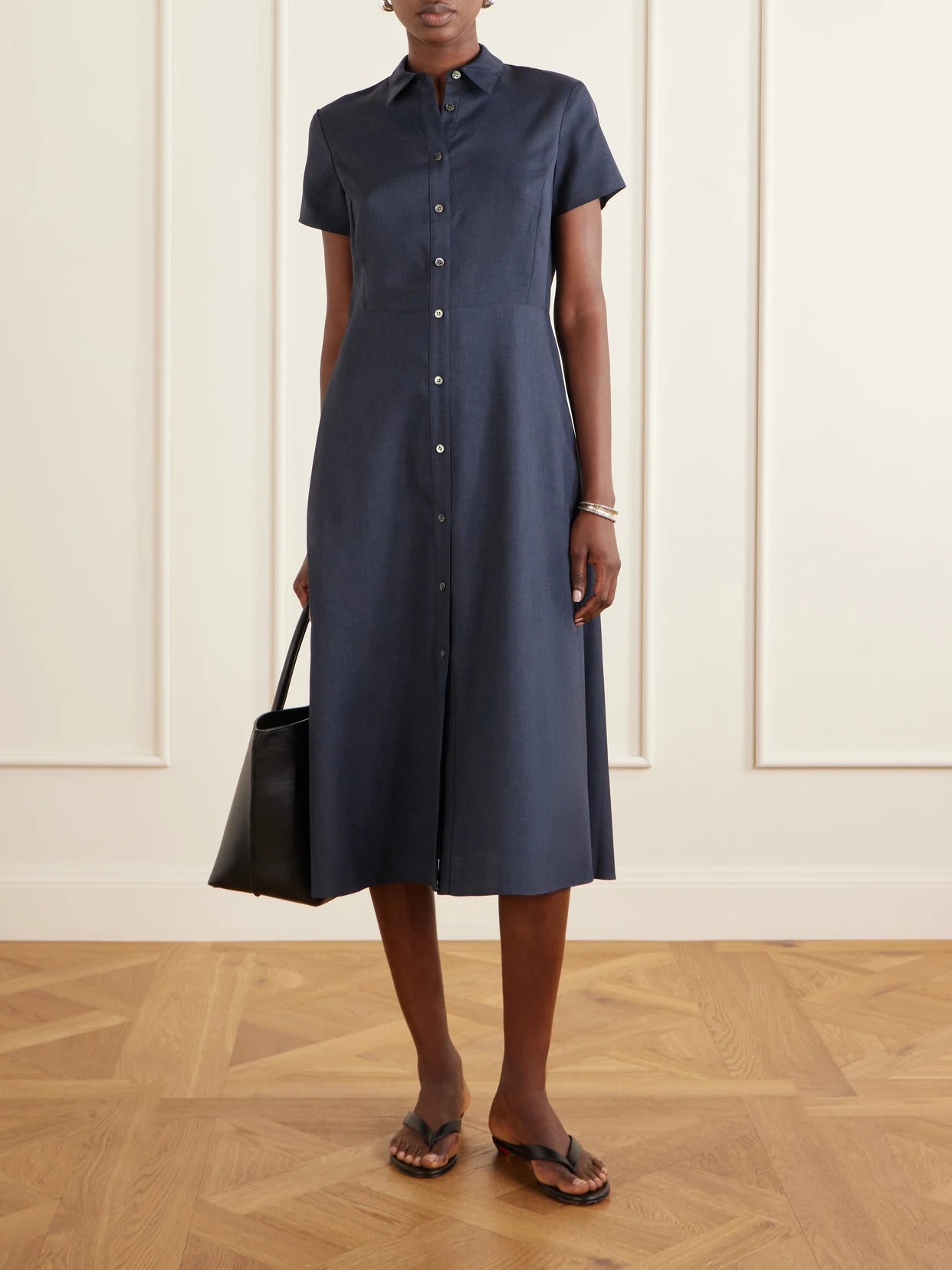 Image of Dresses. Product name - Belted Pleated Satin Midi Dress in Navy colour by brand - Theory