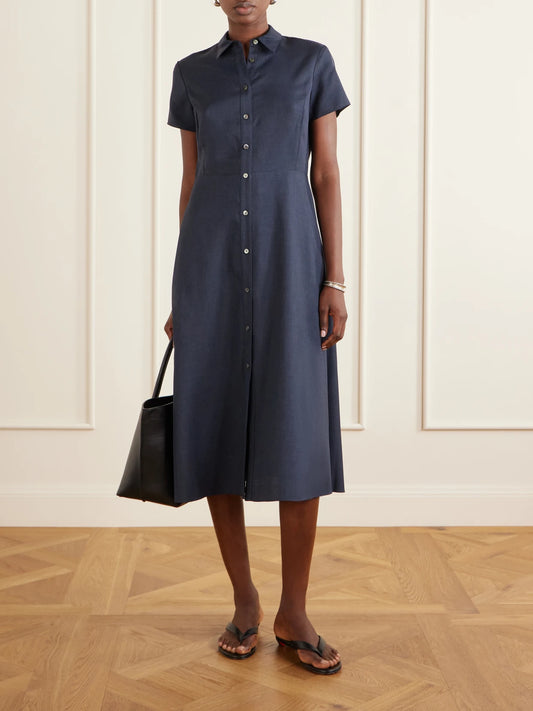 Image of Dresses. Product name - Belted Pleated Satin Midi Dress in Navy colour by brand - Theory