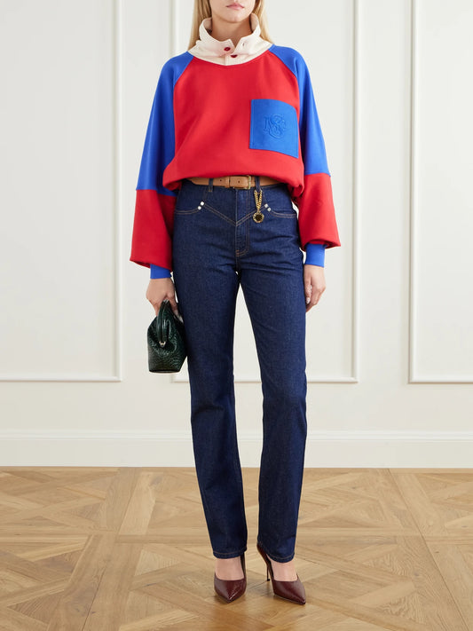 Image of a model wearing Tops. Product name - Logo-embroidered Color-block Cotton-jersey Sweatshirt in Multi colour by brand - Stella McCartney