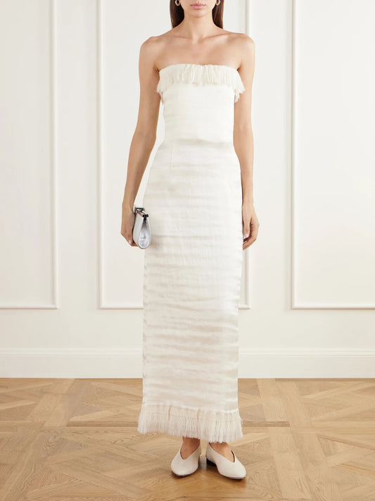 Image of Dresses. Product name - Paloma Strapless Fringe-trimmed Cotton-blend Voile Maxi Dress in Cream colour by brand - FFORME