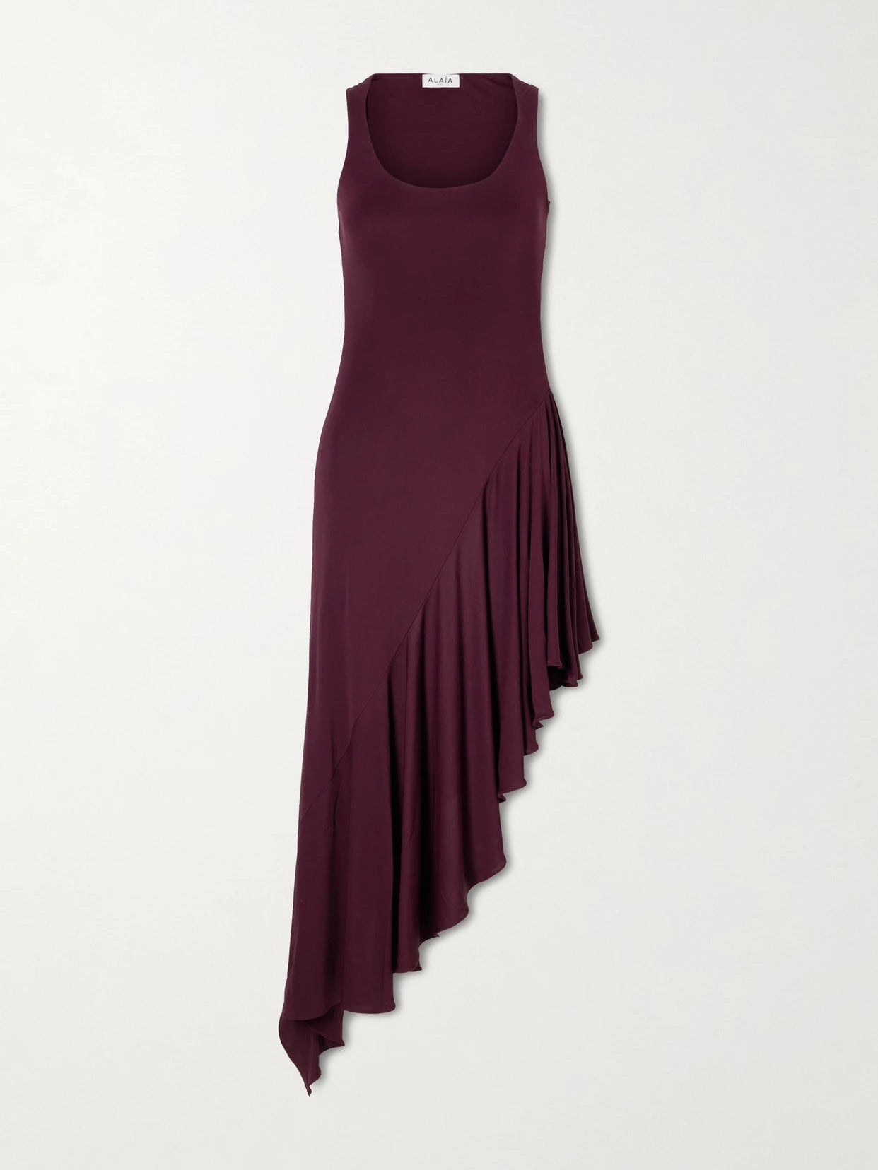 Image of Dresses. Product name - Asymmetrical Crepe-jersey Midi Dress in Burgundy colour by brand - Alaïa