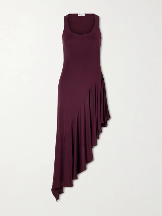Image of Dresses. Product name - Asymmetrical Crepe-jersey Midi Dress in Burgundy colour by brand - Alaïa