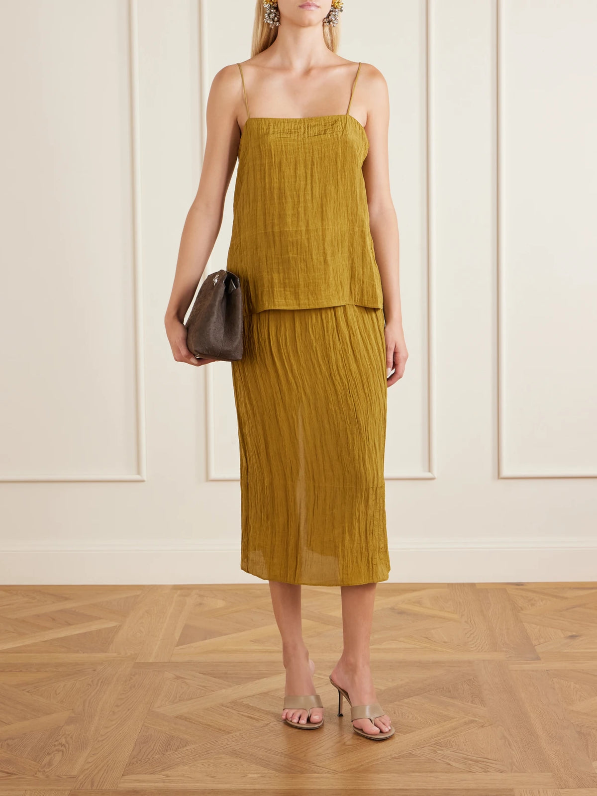 Image of Outfit Sets. Product name - Crinkle Charmeuse Tank in Mustard colour by brand - Tibi