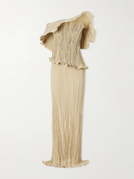 Image of Dresses. Product name - Pleated Off-the-shoulder Taffeta Gown in Gray colour by brand - Marmar Halim