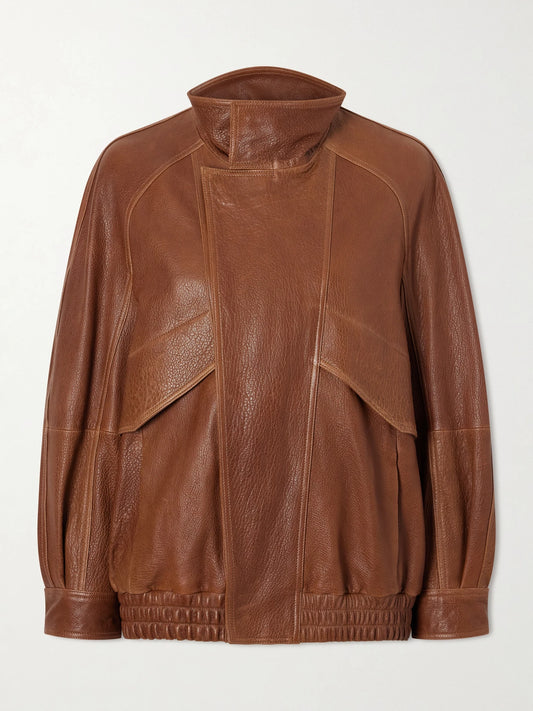 Image of Coats & Jackets. Product name - Ariste Oversized Paneled Leather Jacket in Brick colour by brand - Nour Hammour