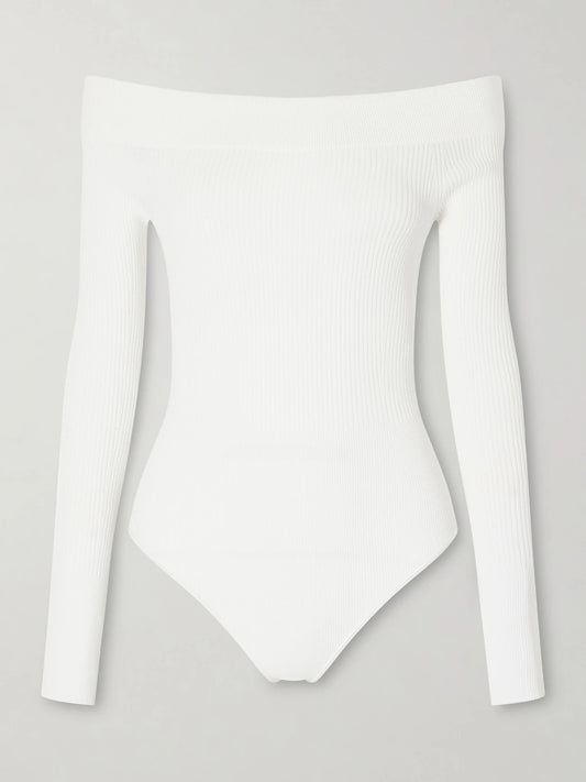 Off-the-shoulder Ribbed-knit Bodysuit