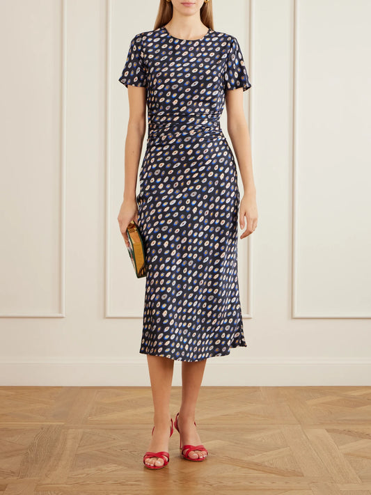 Image of Dresses. Product name - Marcel Printed Ruched Silk-blend Satin Midi Dress in Blue colour by brand - STAUD
