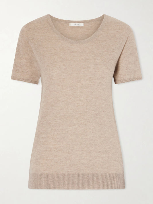 Image of a model wearing Outerwear. Product name - Nova Cashmere T-shirt in Beige colour by brand - The Row