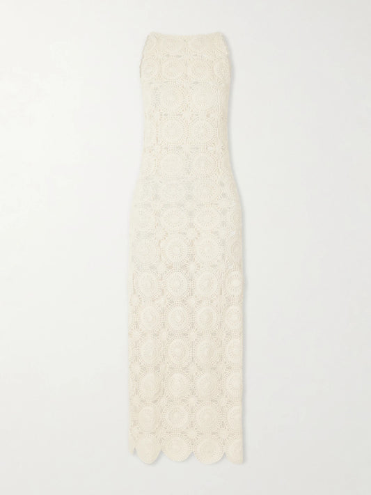 Image of Dresses. Product name - Siula Crocheted Cotton Halterneck Maxi Dress in Ivory colour by brand - ESCVDO