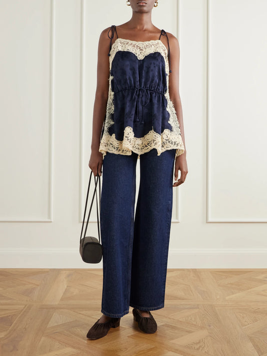 Image of a model wearing Tops. Product name - Shay Gathered Lace-trimmed Floral-jacquard Camisole in Navy colour by brand - Sea