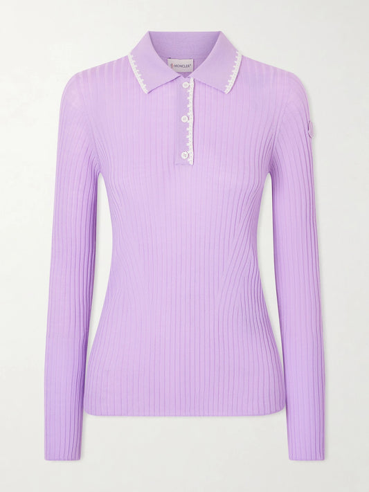 Image of a model wearing Outerwear. Product name - Appliquéd Embroidered Ribbed Wool Polo Shirt in Lilac colour by brand - Moncler