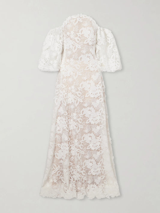 Image of Dresses. Product name - Off-the-shoulder Embroidered Lace Gown in White colour by brand - Oscar de la Renta