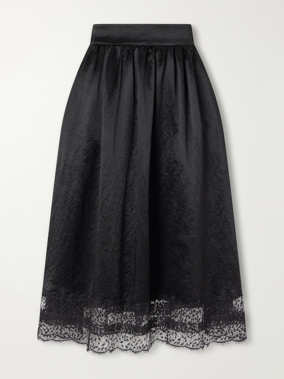 Maria McManus Gathered Lace-trimmed Crinkled Satin Midi Skirt