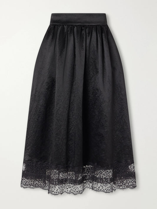 Maria McManus Gathered Lace-trimmed Crinkled Satin Midi Skirt