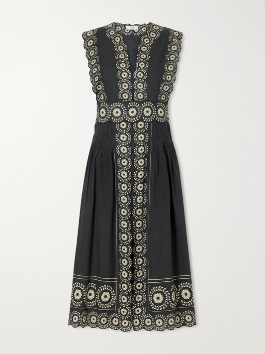 Image of Dresses. Product name - Mirabel Scalloped Embroidered Cotton-voile Midi Dress in Black colour by brand - Sea