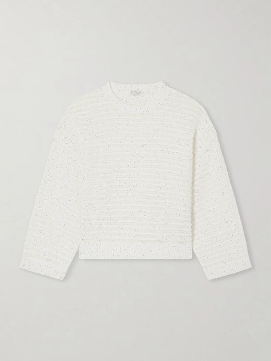 Image of a model wearing Outerwear. Product name - Open Linen-blend Knit Sweater in White colour by brand - Brunello Cucinelli