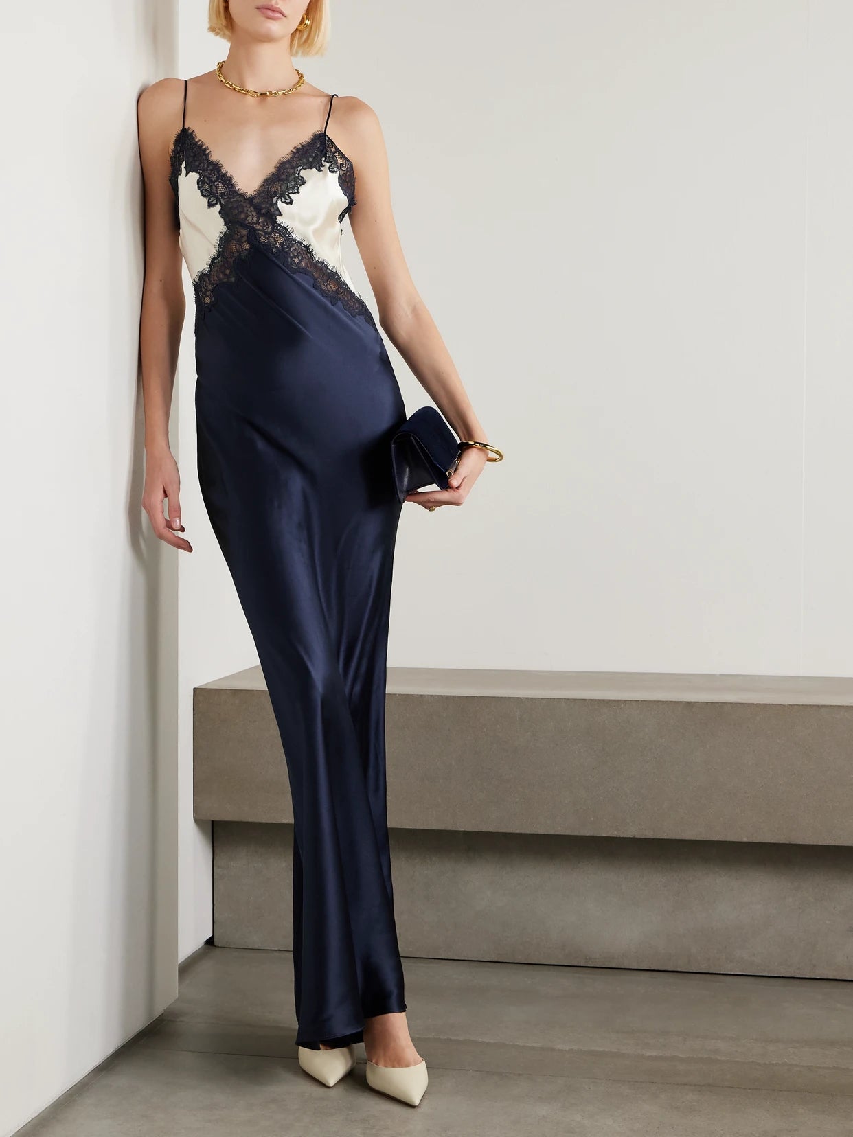 Image of Dresses. Product name - Aumoe Lace-trimmed Silk-satin Gown in Navy colour by brand - Rebecca Vallance