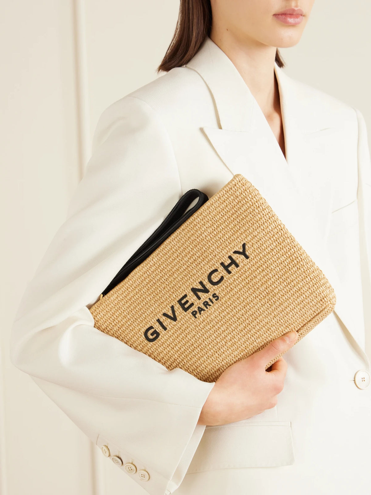 Image of Bags. Product name - Logo Raffia Clutch in Beige colour by brand - Givenchy