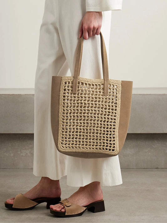 Image of Bags. Product name - Zoe Small Suede And Crocheted Raffia Tote in Neutral colour by brand - KHAITE