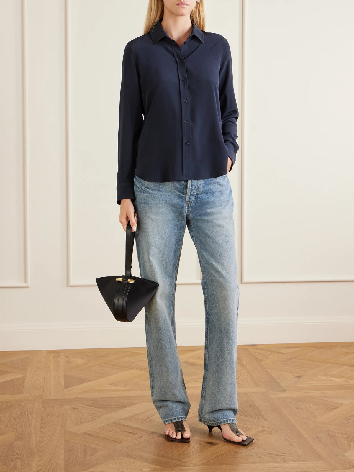 Image of a model wearing Tops. Product name - Gaia Silk-crepe De Chine Shirt in Navy, Blue colour by brand - Nili Lotan